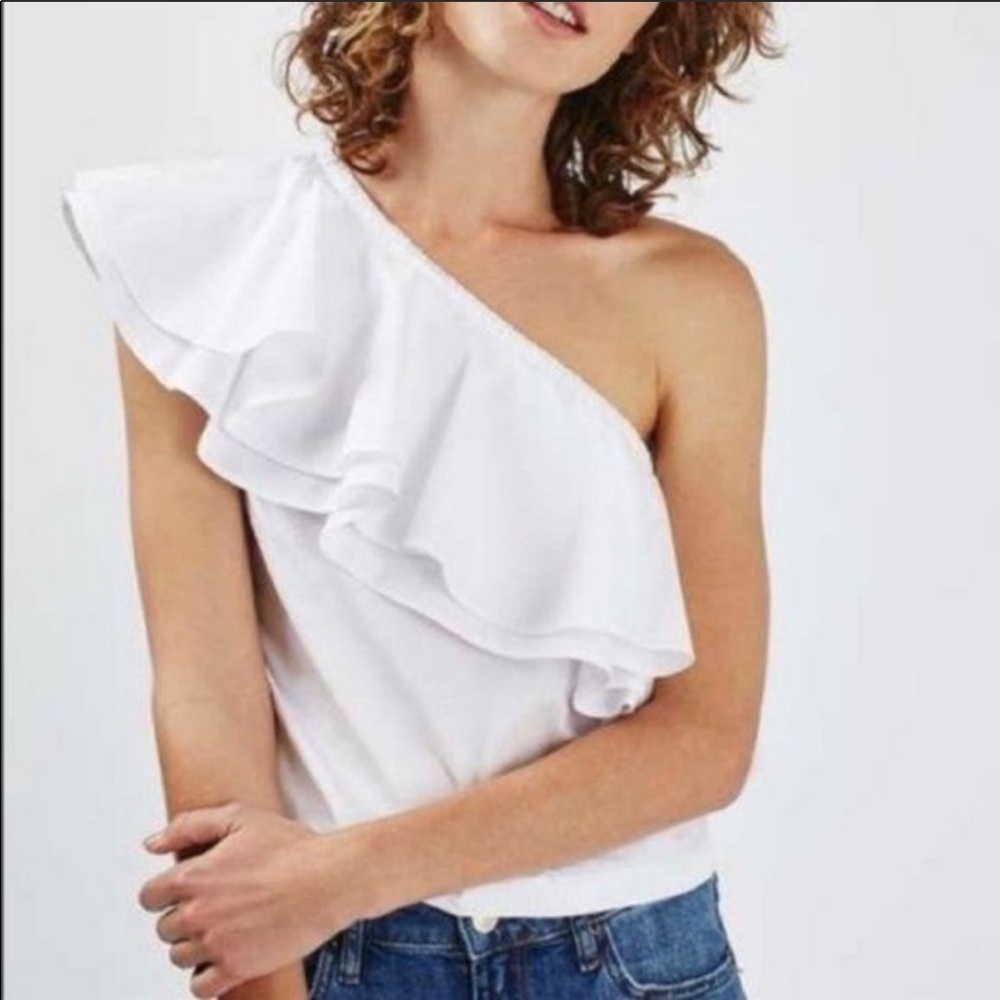 Topshop White Ruffle One Shoulder Top